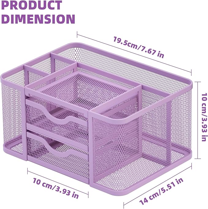 Marbrasse Mesh Desk Organizer, Pen Organizer with 2 Drawer, Multi-Functional Pencil Holder for Desk, Desk Organizers and Accessories with 5 Compartments + Drawer for Office Art Supplies (Purple)