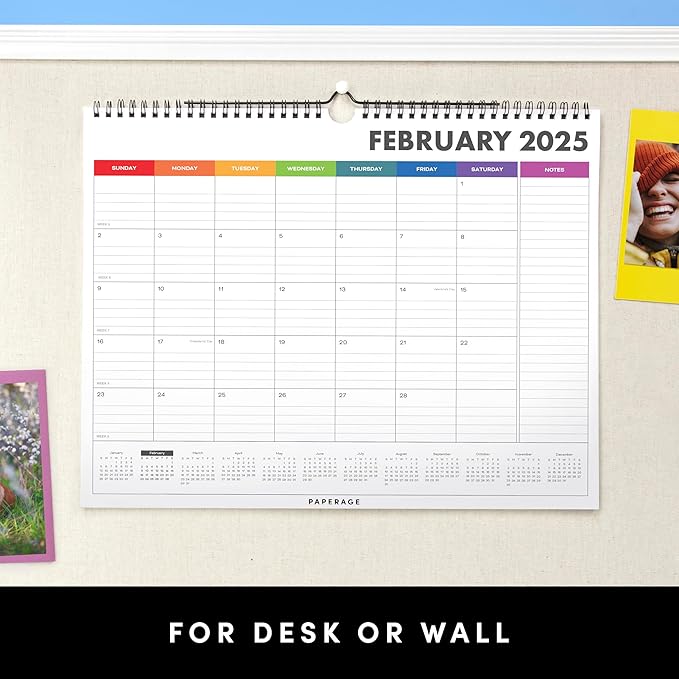 PAPERAGE Calendar 2025-12 Month (Rainbow), Minimalist Wall and Desk Calendar with Monthly Views and Yearly Plans – Medium (11.5 in x 14.75 in)