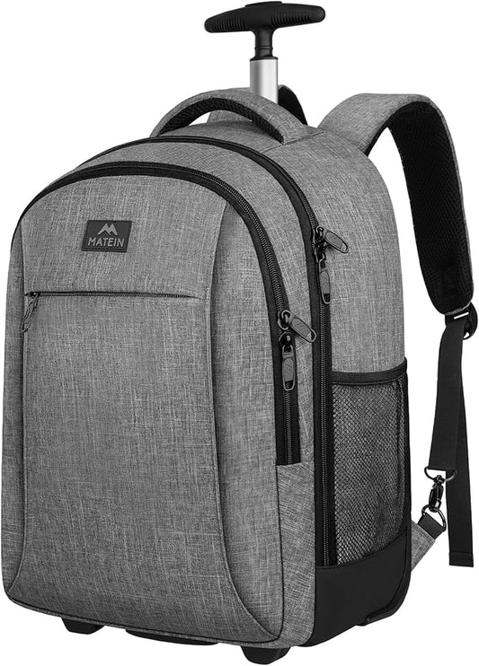 MATEIN Rolling Backpack with Wheels, Water Resistant Travel Laptop Backpacks for Women Men, Large College Wheeled Backpack for Adult, 17 Inch Roller Computer Bag, Carry On Luggage for Airplanes, Grey