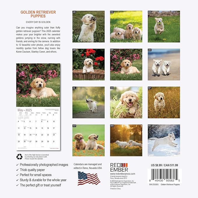 RED EMBER Golden Retriever Puppies Mini 2025 Wall Calendar 12 Month | 7" x 14" Open | Thick & Sturdy Paper | Giftable | Calendar 2025