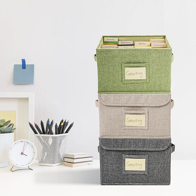 Vienrose Greeting Card Organizer Storage Box with 20 Removable Dividers, 84 Self-stick Labels, Perfect for Photos, Envelopes, Scrapbooking, Paper, Stickers Holder 2 Pack Grey