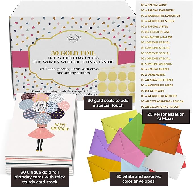 Dessie 30 Unique Gold Foil Birthday Cards for Women with Envelopes, Sealing Stickers and Personalized Gold Foil Lettering. Birthday Cards for Her