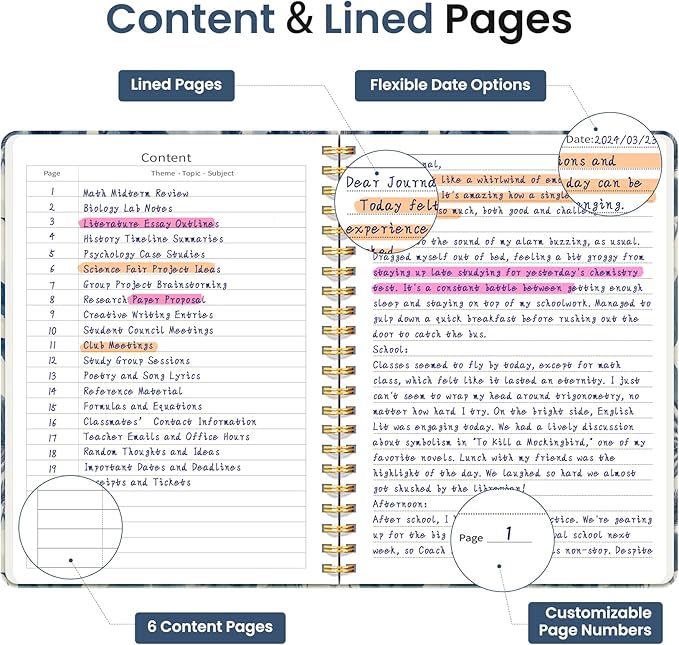 Lined Spiral Journal Notebook for Women, A5 College Ruled Journals for Writing, Hardcover Notebooks for Work, Note taking and Office School Supplies,140 Pages - Blue Leaves