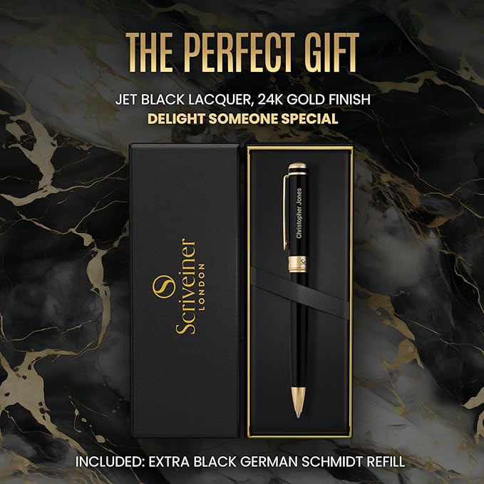 Scriveiner Personalized Black Ballpoint Pen - Stunning Luxury Pen, Jet Black Lacquer, 24K Gold Finish, Schmidt Ink Refill, Best Engraved Ball Point Gift Set for Men & Women, Custom Name Engraving