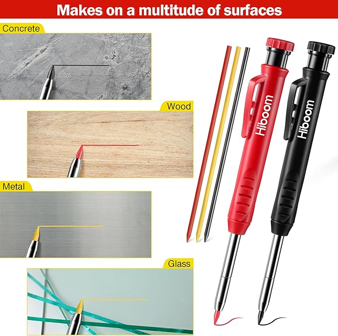 Hiboom 2 Pack Solid Carpenter Pencil with 14 Refill, Long Nosed Deep Hole Mechanical Pencil Marker with Built-in Sharpener for Carpenter Woodworking Architect with Design Patent (Black, Red)