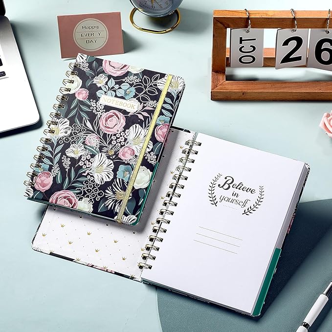 Ruled Notebook/Journal - Classic Lined Journal/Notebook, 6.4'' x 8.5'', Hardcover with Thick Paper, Twin-Wire, Banded + Pen Holder +Inner Pocket - Petunia