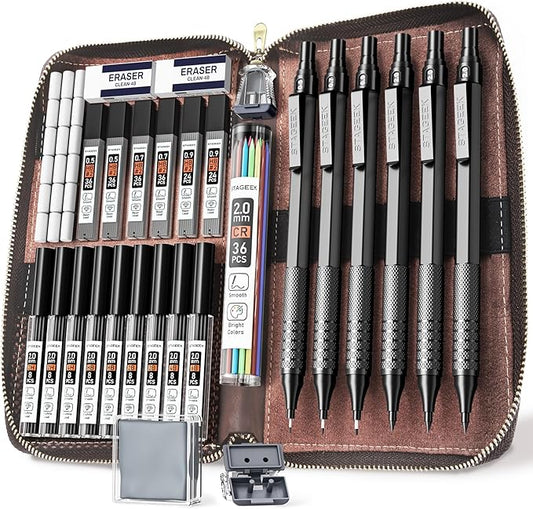 30Pcs Metal Mechanical Pencil Set with Leather Case, 0.5/0.7/0.9/2.0mm Art Drafting Pencils, 16 Tubes Graphite Leads (6B 4B 2B HB 2H 4H) with Colored Leads for Sketching Drawing Writing(Black)