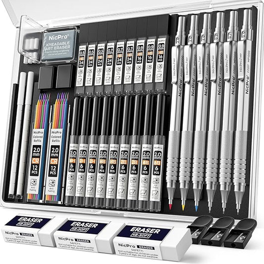 Nicpro 35PCS Black Metal Mechanical Pencils Set in Case, Art Drafting Pencil 0.5, 0.7, 0.9 mm & 3PCS 2mm Graphite Lead Holder for Drawing Sketching With 20 Tube Lead Refills(6B 4B 2B HB 2H 4H Colors)