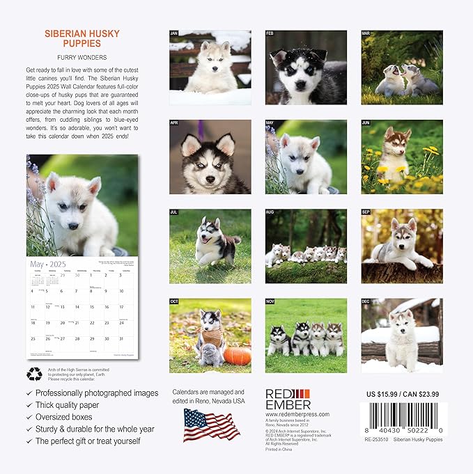 RED EMBER Siberian Husky Puppies 2025 Wall Calendar 12 Month | 12" x 24" Open | Thick & Sturdy Paper | Giftable | Calendar 2025