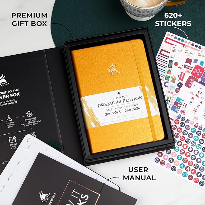 Clever Fox Dated Planner Premium Edition – 2025-2026 Weekly Planner for Planning, Goal Setting & Time Management – Planner Notebook with Habit Tracker & to-do List – A5 Size (Amber Yellow)
