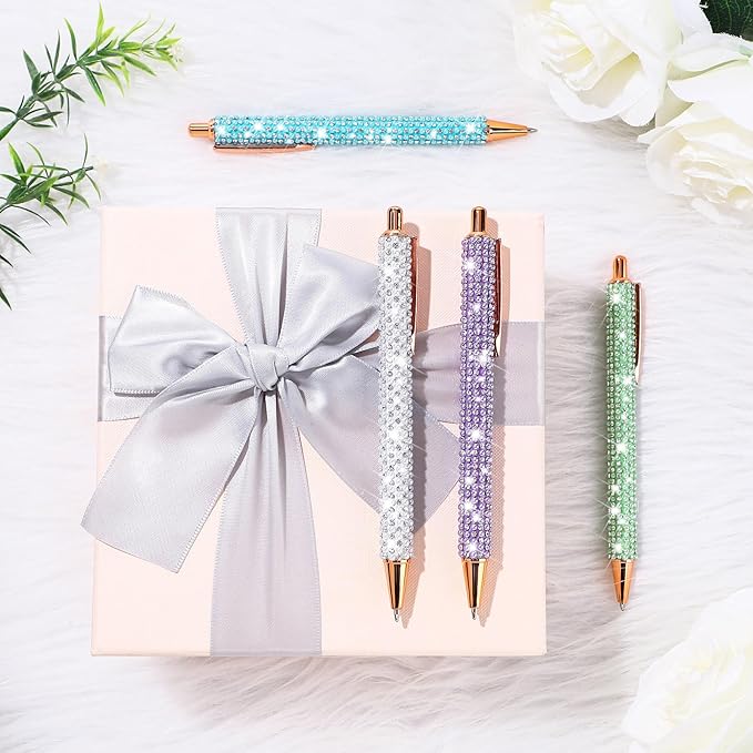 Ireer 4 Pcs Bling Rhinestone Sparkly Pens for Women Diamond Ink Crystal Glitter Metal Ballpoint Bedazzled Fancy Pens 4 Pcs 1.0mm Refills(Purple,Green,Blue,White)