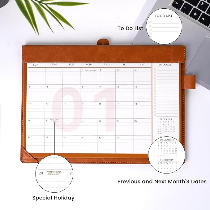 Desk Calendar 2025,12 Month Wall Calendar from Jan 2025-Dec 2025, Small Desk Calendar 12" x 8.5" with To-Do Lists, Leather Desk Pad Calendar with PVC Cover for Home School and Office,Black