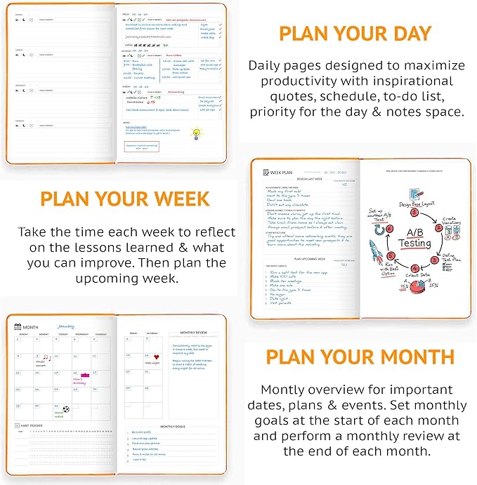 Pro - Goal Setting Planner to Increase Productivity and Achieve Personal and Business Goals. 12 Month Undated Daily, Weekly and Monthly Journal Organizer with Calendar (Orange)