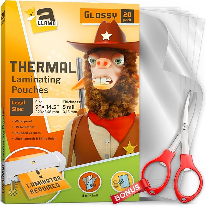 Thermal Laminating Pouches 9β x 14.5β, 5 Mil Thick, 20 Pack, Suited for Legal Size Laminating Sheets 8.5 x 14