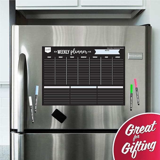 Cinch! 17x12-Inch Magnetic Dry Erase Weekly Planner for Fridge - Black Weekly Calendar Board with 4 Fine Tip Markers and Large Eraser - Magnetic Fridge Organizer, Meal Planning, and Dry Erase Board
