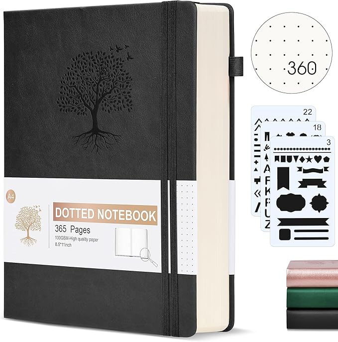 Bullet Dotted Journal Notebook, 360 Numbered Pages Dot Grid Notebooks 8.5 x 11, 100gsm Dot Paper Thick Hardcover Leather Journals for Writing Women Men, A4 Large Bullet Dotted Notebooks for Work Black