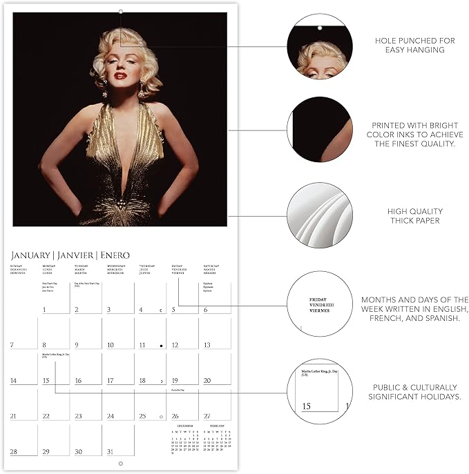Graphique 2024 Marilyn Monroe Wall Calendar | 12” x 12” | Thick Paper | Home & Office Organizer | Large Monthly Grid | 3 Languages & Marked Holidays | 4 Month Preview Page for 2025