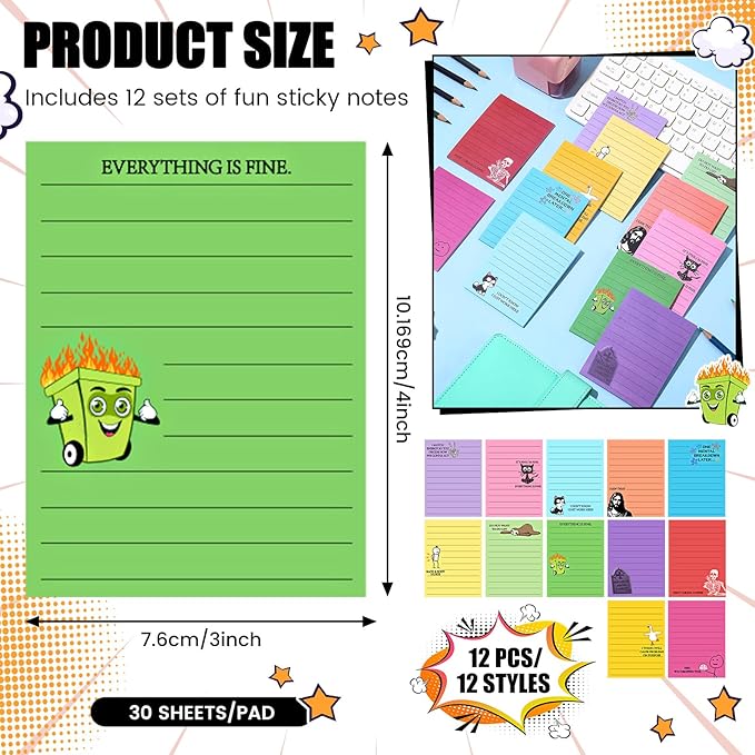 12 Pcs Funny Sticky Notes for Work 4x3 Inches Sarcastic Self Adhesive Notepads Novelty Memo Note Pads for Office Coworker Gifts Employee Appreciation Supplies(Funny)