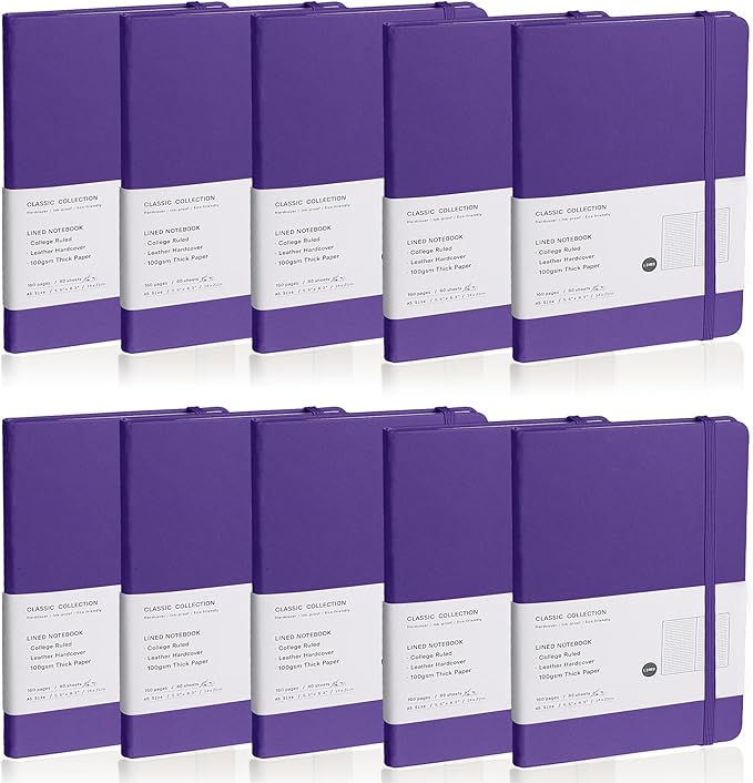 Lined Journal Notebook, 10Pack(Purple), 160 Pages, Medium 5.7 inches x 8 inches - 100 gsm Thick Paper, Hardcover