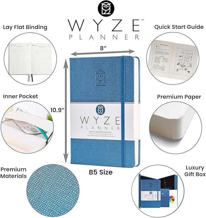 Pro - Goal Setting Planner to Increase Productivity and Achieve Personal and Business Goals. 12 Month Undated Daily, Weekly and Monthly Journal Organizer with Calendar (Blue)