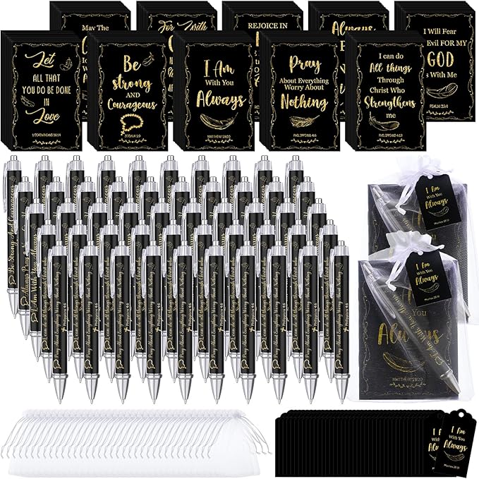200 Pcs Bible Verse Sets Church Christian Gift Include 50 Scripture Notebooks 50 Bible Bamboo Pens 50 Thanks Tags 50 Organza Bags for Women Man Christian Party Gifts(Black,Fresh)
