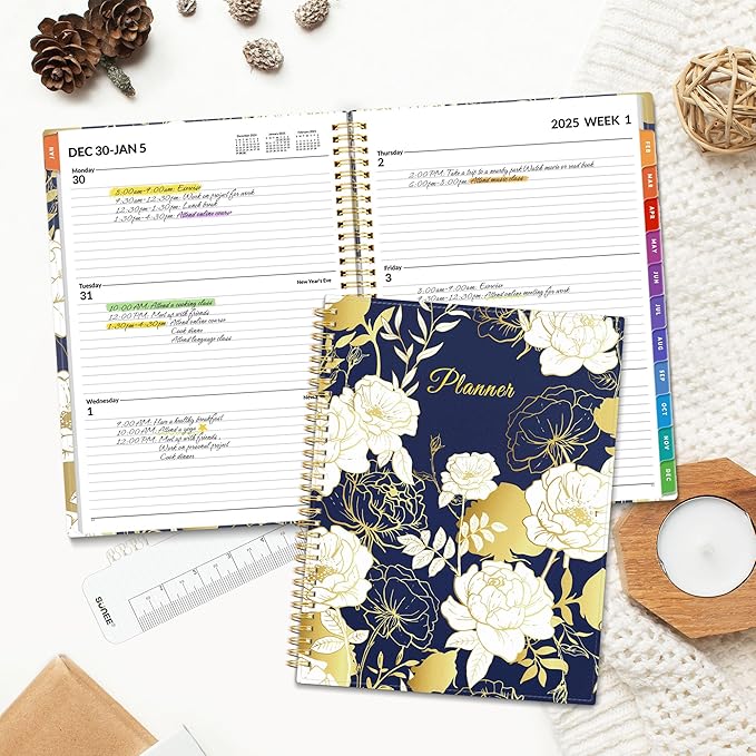 SUNEE 2025 Weekly and Monthly Planner - from January 2025 - December 2025, 8.5"x11" Daily Agenda Planner with Monthly Tab, Flexible Cover, Note Pages, Pockets, Bookmark, Spiral Binding, Dark Blue