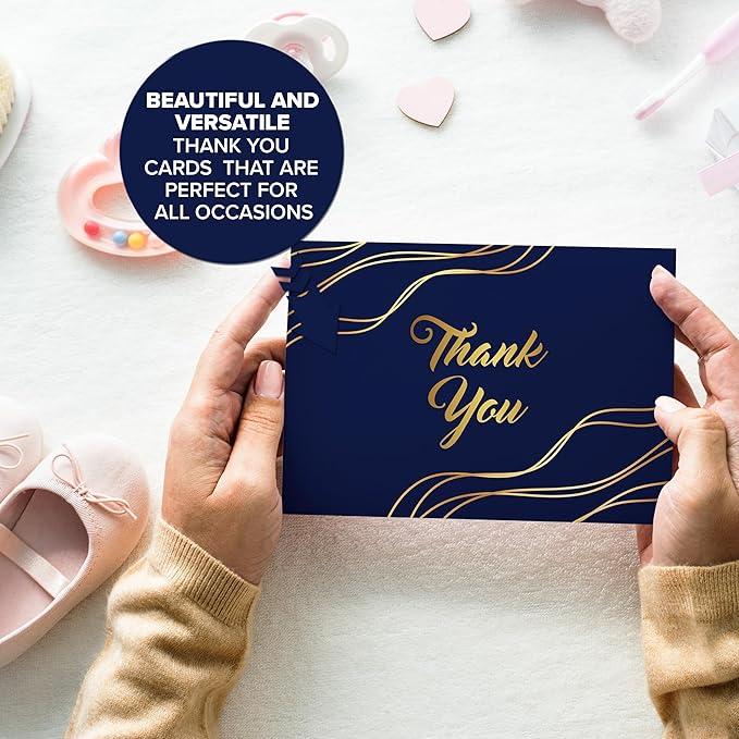 Decorably 24 Pack Gold-Foiled 6x4in Blue and Gold Thank You Cards with Envelopes and Stickers, 24 Stylish Designs Navy Thank You Cards, Blank Inside - Birthday, Wedding, Anniversary