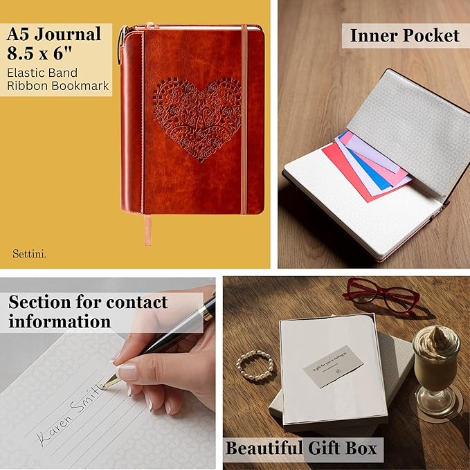 SETTINI® Lined Journal - Heart Journal for Writing Gift Set - Hardcover Vegan Leather, Includes Luxury Pen in a Unique Pen Holder, 192 Pages, 6 x 8.5 inches - Birthday Gifts for Women