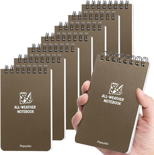 POPYOLA 8 Pack Waterproof Pocket Notebook, 3x5 Pocket Notepad, All Weather Mini Spiral Notepad, Write in the Rain Police Notepad with 100 Squared Pages for Outdoor Home Office School, Tan