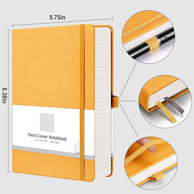 AHGXG Graph Paper Notebook - 320 Pages Grid Notebook Thick Journal A5, 100gsm Thick Graph Paper, Leather Hardcover, Inner Pocket,5.75'' × 8.38''- Yellow