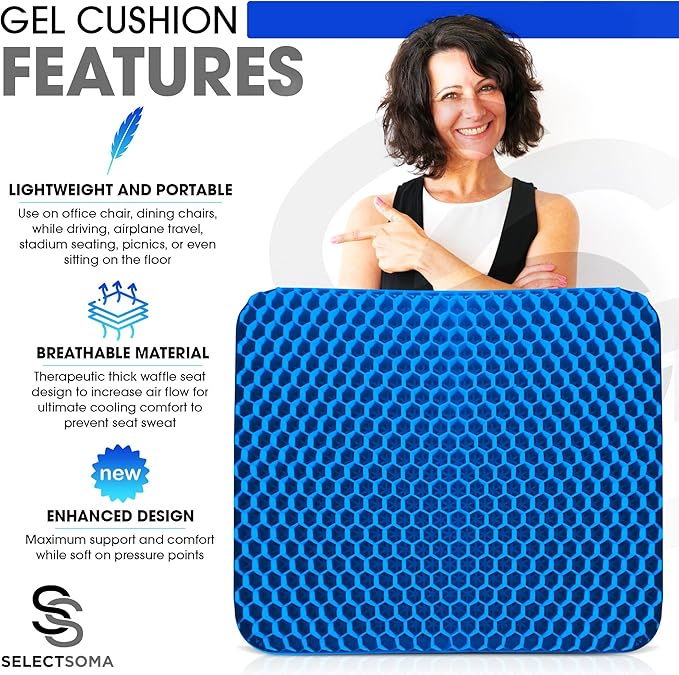 SelectSoma Large Gel Seat Cushion for Desk Chair - Pressure Relief for Back, Sciatica, Coccyx, and Tailbone Pain While Long Sitting – Wheelchair Cushion - Chair Pad for Cars and Trucks