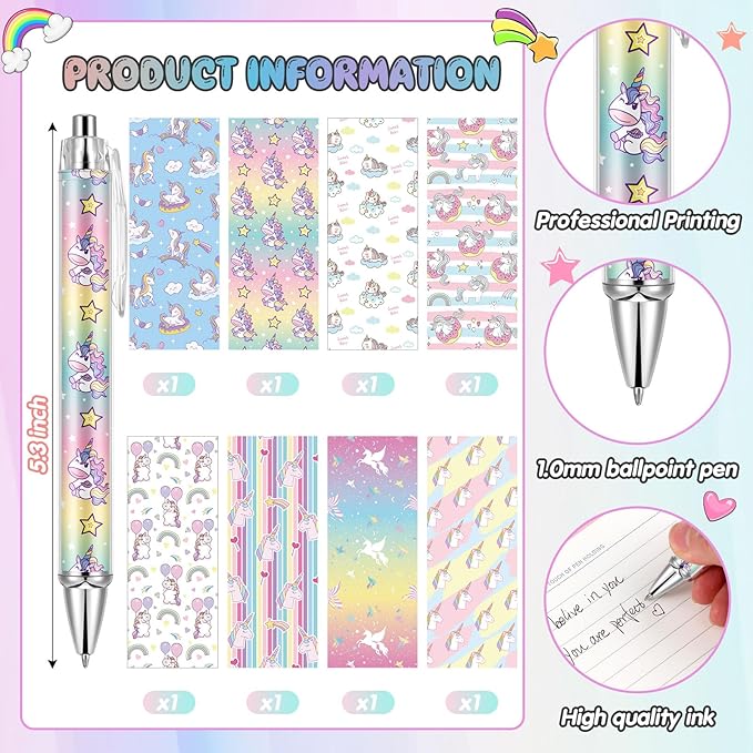 Ireer 8 Pcs Ballpoint Pens for Women 1.00 mm Cute Black Ink Fancy Pens Fine Point Smooth Writing for Journaling Aesthetic Office Supplies(Unicorn)