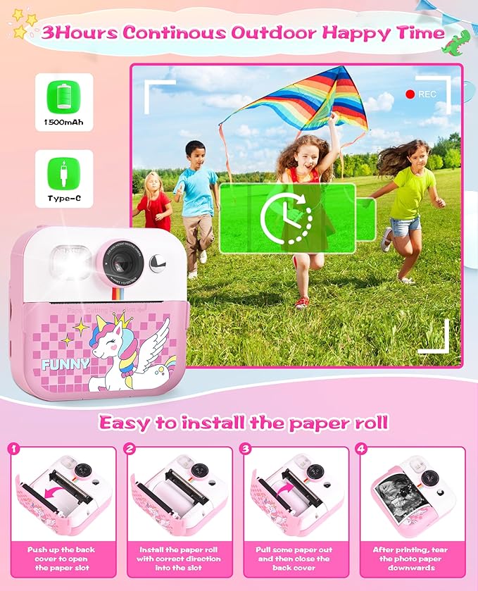 Kids Instant Print Camera, Upgrade Digital Camera for Toddlers Ages 3-12, 1080P HD Video Recorder with 32GB SD Card, 2.4" Screen, Birthday Gifts for 6-10 Year Old Girls Boys