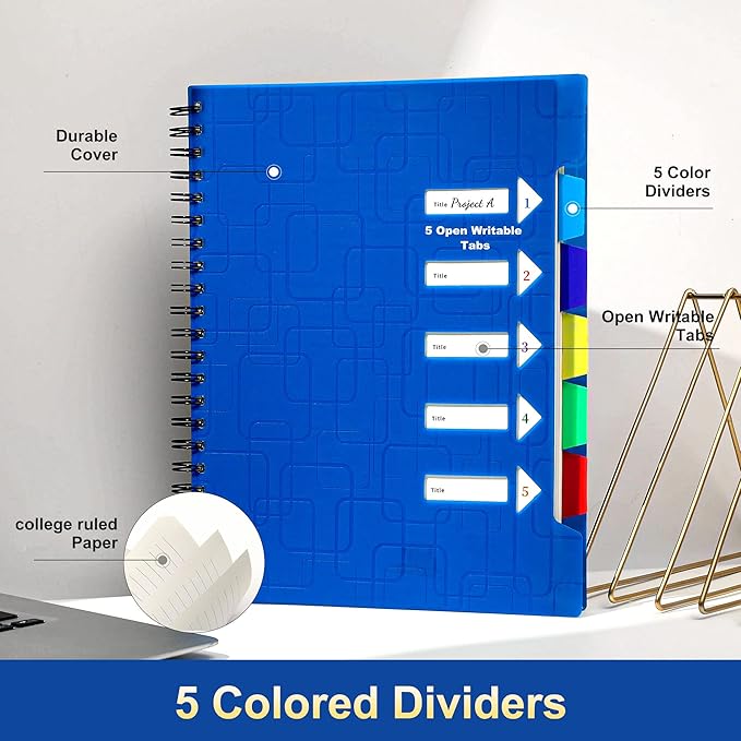 CAGIE 5 Subject Notebook With Tabs 8.5x11, College Ruled, 240 Pages Large Spiral Notebook with Dividers, A4 Notebooks for Work Organization Note Taking School, Black