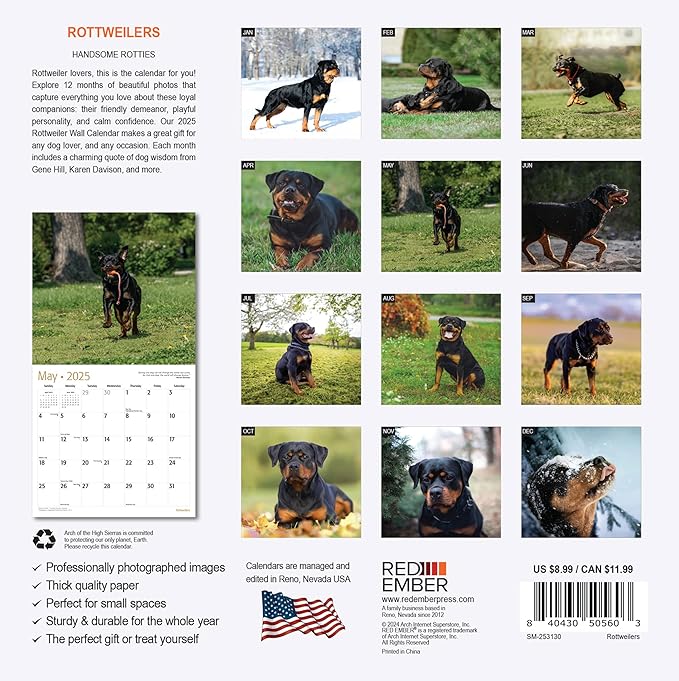 RED EMBER Rottweilers Mini 2025 Wall Calendar 12 Month | 7" x 14" Open | Thick & Sturdy Paper | Giftable | Calendar 2025