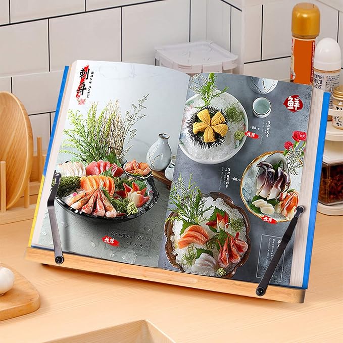 wishacc Bamboo Book Stand Cookbook Holder with 5 Adjustable Height 13.2 x 9.2