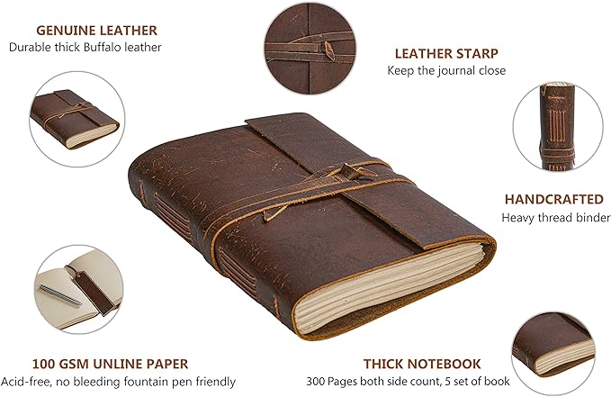 Leather Journal Notebook(6x8 in) - Vintage Leather Bound Journals Handmade Rustic Finish Book for Men and Women Unlined Leather Craft Paper 300 Pages, Leather Notepad Diary, Pocket Diary to Write in