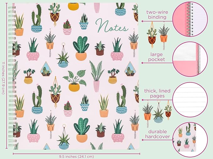 Steel Mill & Co Cute Large Spiral Notebook College Ruled, 11" x 9.5" with Durable Hardcover and 160 Lined Pages, Succulent