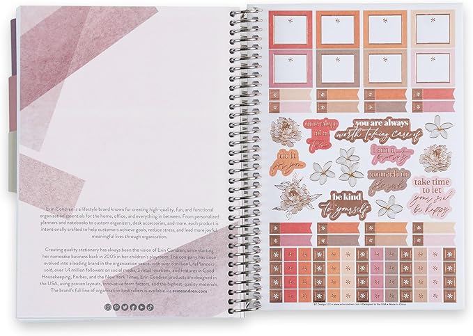 Erin Condren A5 Spiral Bound Self Care Journal Metallic Blooms. Daily Self-Care Reflection Pages. Weekly, Monthly & Quarterly Reflection. Monthly Tracker Pages. 3 Tabs. Sticker Sheet Included