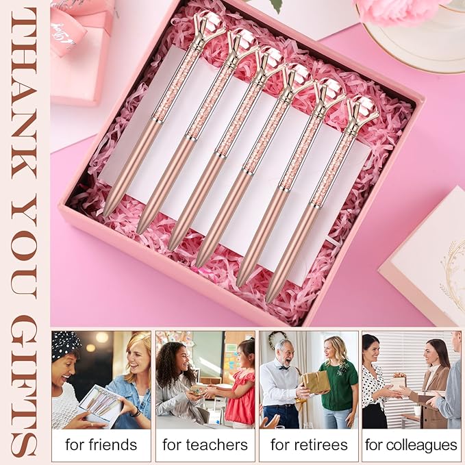 Sherr 100 Pack Big Crystal Diamond Pens Cute Ballpoint Pens Retractable Ballpoint Rhinestones Crystal Bling Gem Plated Black Gel Ink Office Supplies Gifts for Women(Rose Gold,Glitter)