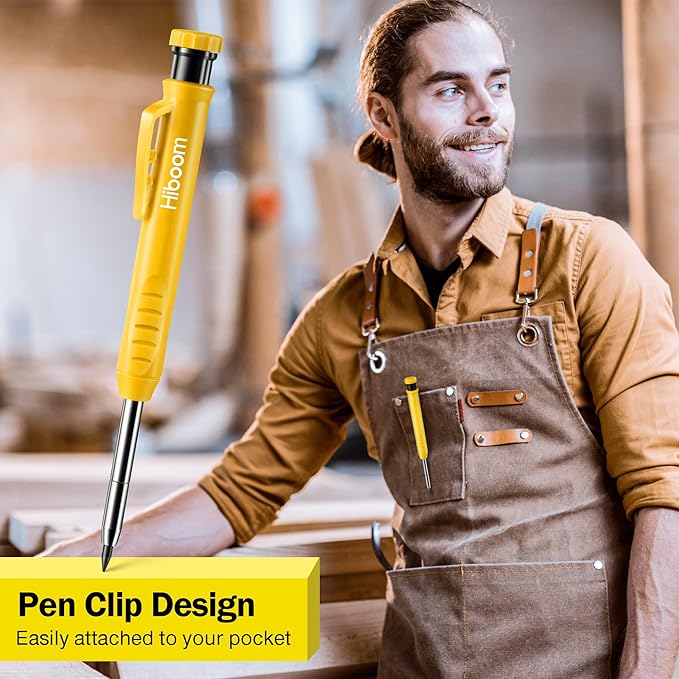Hiboom 2 Pack Solid Carpenter Pencil with 14 Refill, Long Nosed Deep Hole Mechanical Pencil Marker with Built-in Sharpener for Carpenter Woodworking Architect with Design Patent (Black, Yellow)