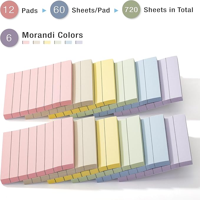 Mr. Pen- Lined Sticky Notes 3x3, 12 Pads, 720 Sheets in Total, Morandi Colors, Sticky Notes with Lines, Sticky Note Pads, Sticky Pads, Sticky Notes Lined, Colorful Sticky Notes, Mr Pen Sticky Notes