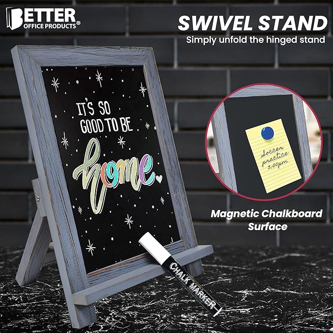 Better Office Products Framed Tabletop Chalkboard Sign, 9.5" x 14", Rustic Wood Frame, Small Magnetic Chalkboard with Built-in Ledge and Folding Stand, One White Chalk Marker Included,(Gray wash)