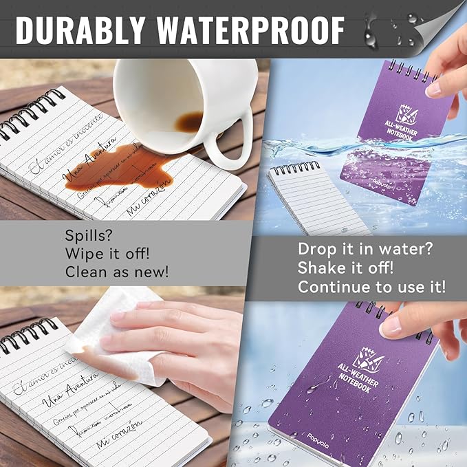 POPYOLA 6 Pack Waterproof Pocket Notebook, 3x5 Pocket Notepad, All Weather Mini Spiral Notepad, Write in the Rain Police Notepad with 100 Squared Pages for Outdoor Home Office School, Purple