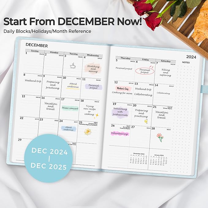 SUNEE 2025 Weekly & Monthly Hardcover Planner 5.5" x 8.3" - 12 Month (January 2025 - December 2025), Small Hardcover Planner, Pocket, Notes, 100 GSM Paper, Grey Blue