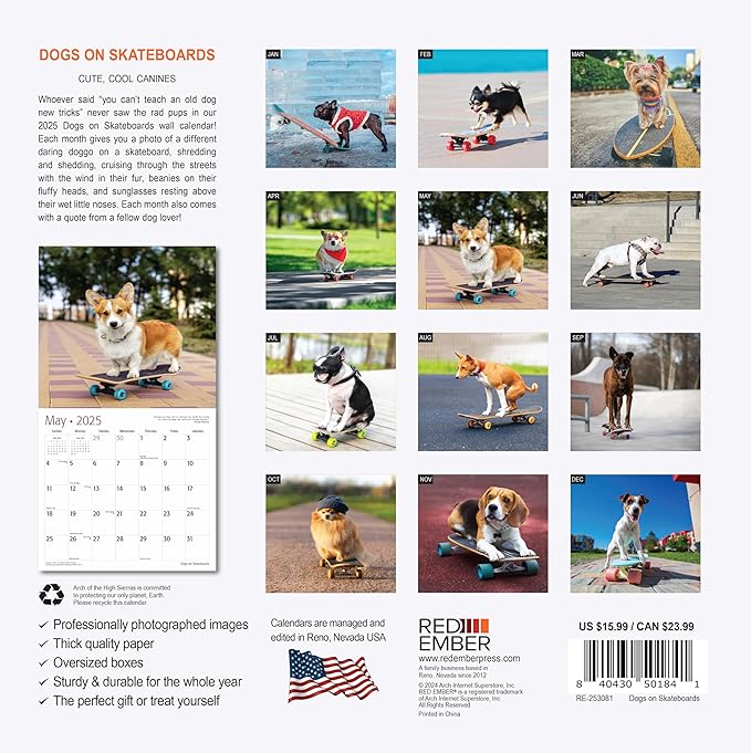 RED EMBER Dogs on Skateboards 2025 Wall Calendar 12 Month | 12" x 24" Open | Thick & Sturdy Paper | Giftable | Calendar 2025