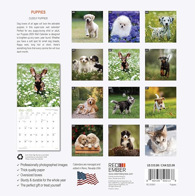 RED EMBER Puppies 2025 Wall Calendar 12 Month | 12" x 24" Open | Thick & Sturdy Paper | Giftable | Calendar 2025