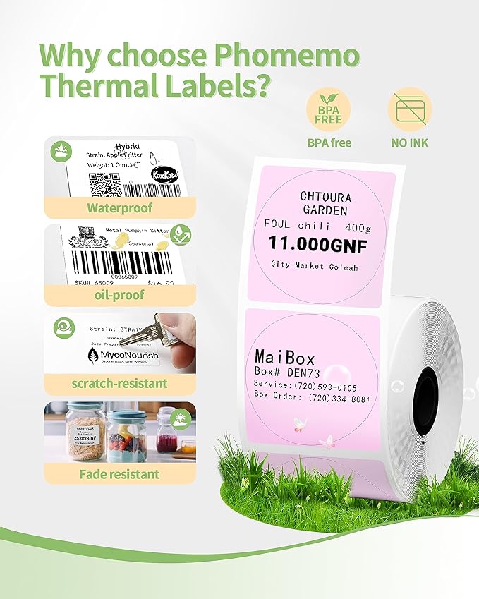 3 Roll Circle Thermal Labels Compatible with Phomemo M110/M221/M220/M120/M200/M110S Label Printers, 1.96"(50mm),Round Thermal Paper for Design Logo/Gift/Business,140Labels/Roll,Blue/Pink/Khaki