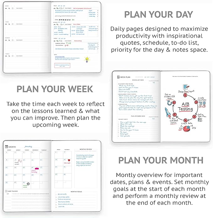 Pro - Goal Setting Planner to Increase Productivity and Achieve Personal and Business Goals. 12 Month Undated Daily, Weekly and Monthly Journal Organizer with Calendar (Gray)