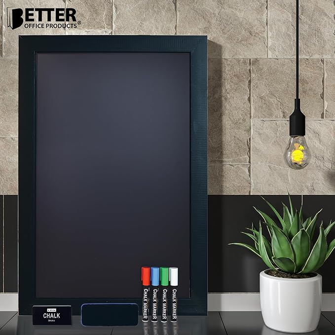 Magnetic Wall Chalkboard, Extra Large Size 20" x 30", Wood Frame, Chalkboard Sign, Vertical or Horizontal Wall Mount, Includes 4 Chalk Markers, Chalk & Eraser, by Better Office Products (Solid Black)